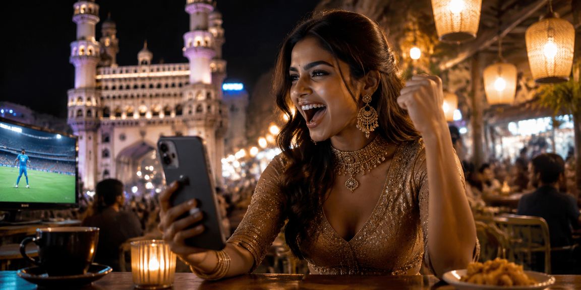 Mobile user playing colorful online slots near Hyderabad's Charminar