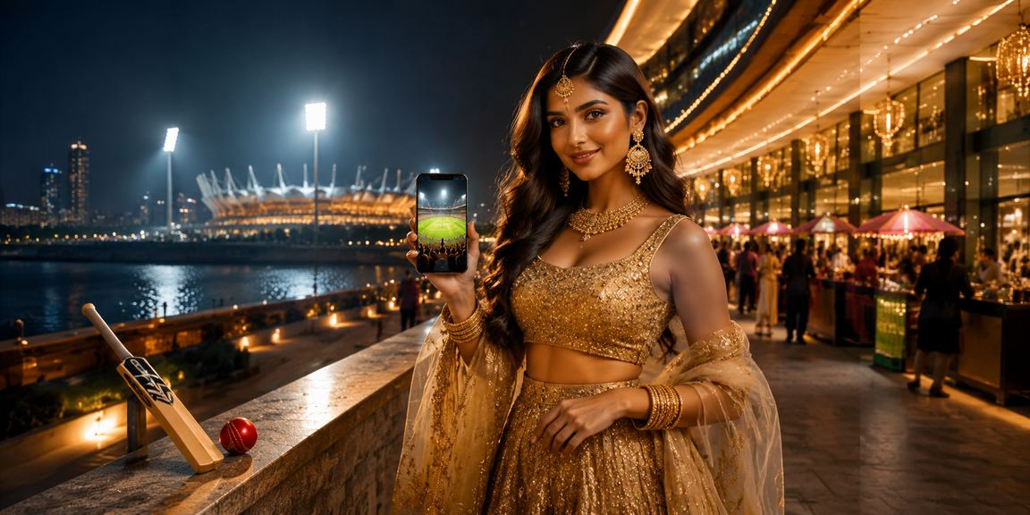 Indian player enjoying cricket betting on mobile with traditional attire